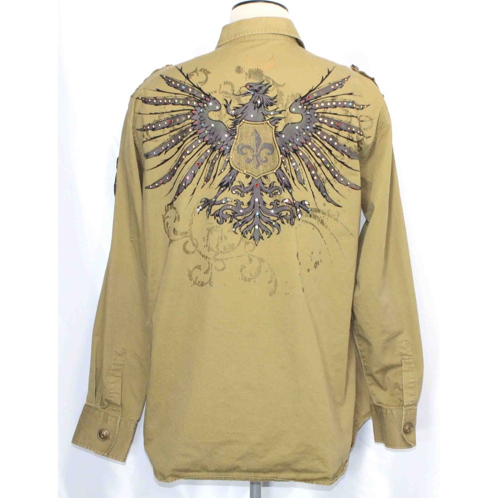 Hama Denim Y2K Military Embellished Button‎ Up Long Sleeve Shirt Mens Size XL - Picture 5 of 11